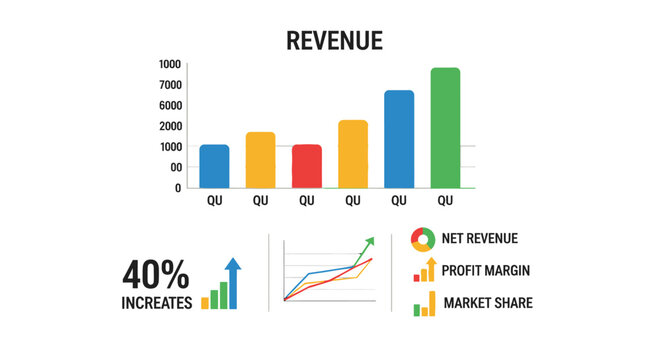 Business financial growth chart showing revenue, profit margin, and market share data with increasing trends on an isolated white background.