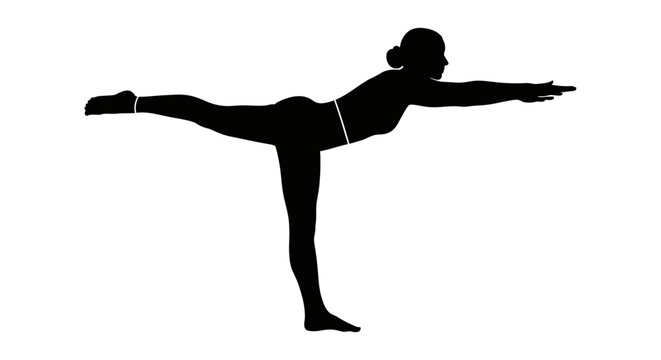 Black silhouette of a woman performing a yoga warrior III balance pose on an isolated white background.