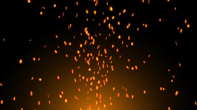 glowing fire sparks rising from bottom on black background. realistic fire particles and sparks flying upwards 4k loopable overlay element.