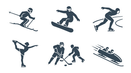 Collection of winter sports silhouettes showcasing skiing, snowboarding, skating, and bobsledding © Pidi