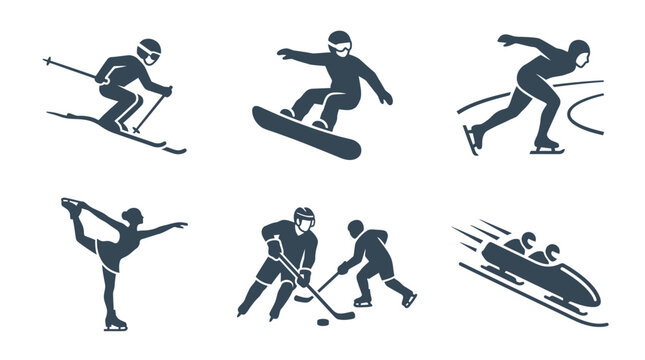 Collection of winter sports silhouettes showcasing skiing, snowboarding, skating, and bobsledding