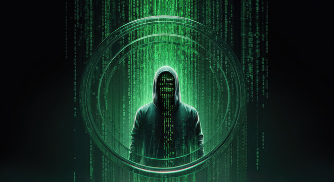 Anonymous figure in dark hooded jacket stands within glowing green digital code, radiating mysterious and powerful presence in cyber world