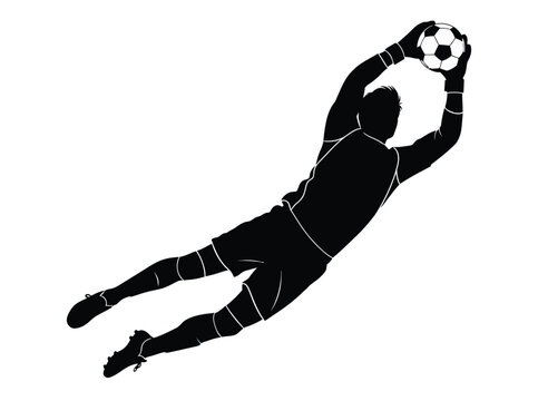 Silhouette of a soccer goalkeeper jumping to catch a ball vector illustration