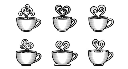 Obraz premium Detailed engraved coffee cup illustrations with swirling heart shaped steam for vintage cafe branding or artistic hot beverage labels and classical breakfast art