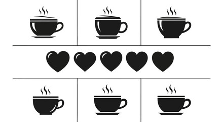 Obraz premium Set of coffee cups and hearts icons isolated on white background, simple vector illustrations for cafe or coffee shop decoration and design elements