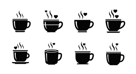 Obraz premium Coffee and tea cups with heart shaped steam icon set glyph vector illustration romantic hot beverages collection