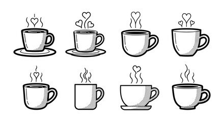 Obraz premium Hand drawn coffee cups with steam and hearts in sketch style, whimsical vector illustrations for cafe branding and creative design elements