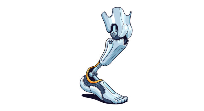 High-tech prosthetic leg featuring a mechanical knee joint and articulated foot is illustrated in a clean futuristic style.