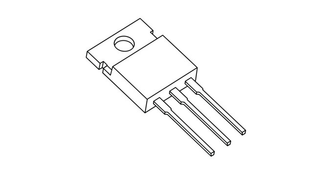 Isometric line drawing of an electronic transistor component with three metal leads is shown for engineering or circuit design.