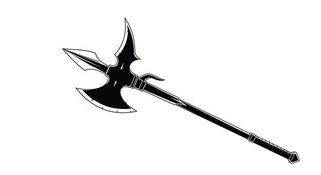 Detailed black and white illustration shows a single medieval halberd with a sharp axe head and spike on a long wooden pole.