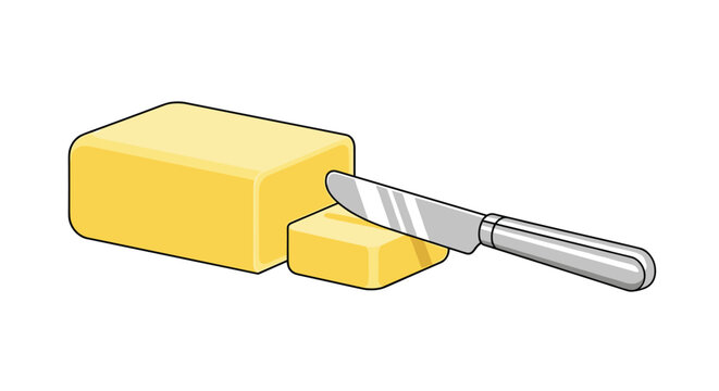 Large block of yellow butter is being sliced by a silver kitchen knife showing a small cut portion on the side.