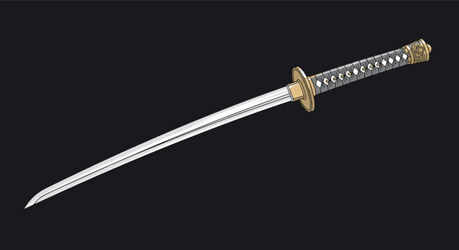 Traditional Japanese katana sword with an ornate handle and sharp blade is isolated on a dark background showing martial arts heritage.