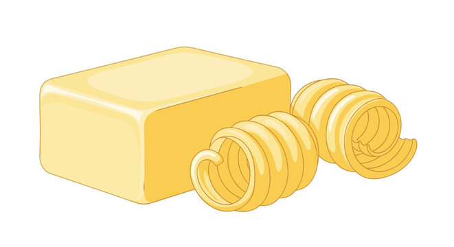 Large rectangular block of yellow butter is accompanied by two decorative butter curls on a white background for food preparation.