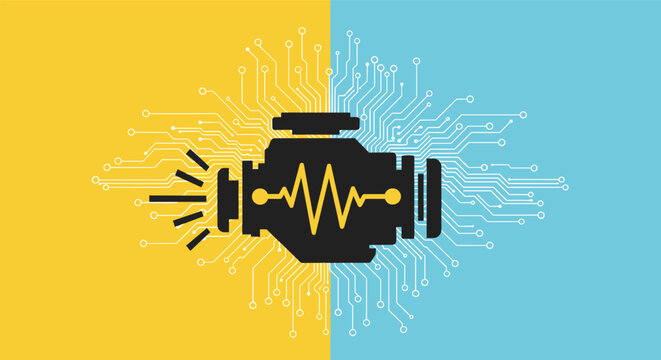 Automotive technology icon featuring a car engine silhouette combined with electronic circuit lines and a yellow heart rate pulse.