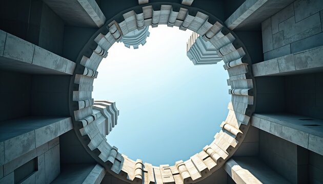 A unique perspective of a modern circular structure with a bright blue sky in the background, symbolizing freedom and labor on International Labor Day