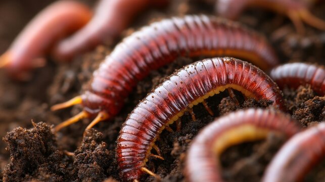 Close up view of red wiggler worms burrowing in soil
