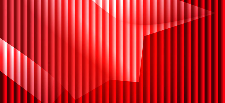 Vibrant red abstract background with vertical illuminated lines and translucent geometric shapes creating modern striped pattern with light and shadow interplay.