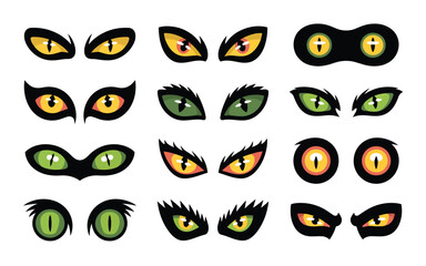 Fototapeta premium Vector collection of mysterious cat eyes in various colors and styles isolated on white background for design use