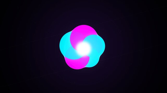 Abstract digital animation of intertwining pink and blue amorphous shapes rotating around a central bright white light in a dark void.