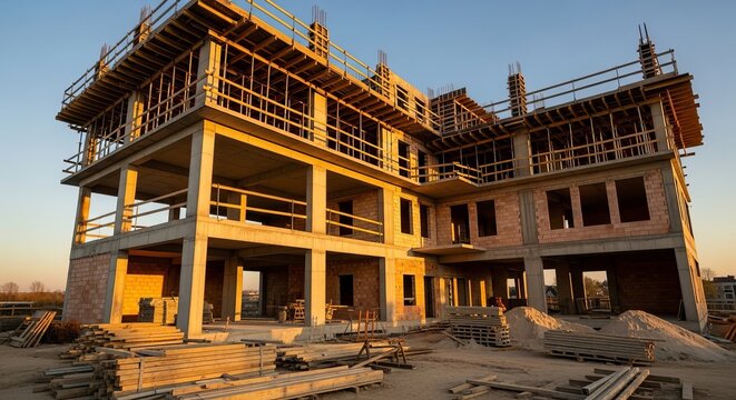 Modern multistory building under construction with scaffolding and materials at sunset