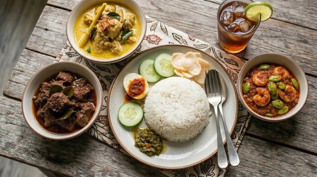 Authentic Indonesian Nasi Padang featuring sambal goreng udang petai, beef rendang, chicken gulai, and boiled egg with sambal served on a rustic wooden table.