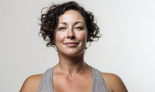 Plump and soft body type woman, in her 40s, standing straight, facing the camera, wearing modern yoga wear, medium shot, soft even studio lighting, diffused light source from the front, minimal shadow