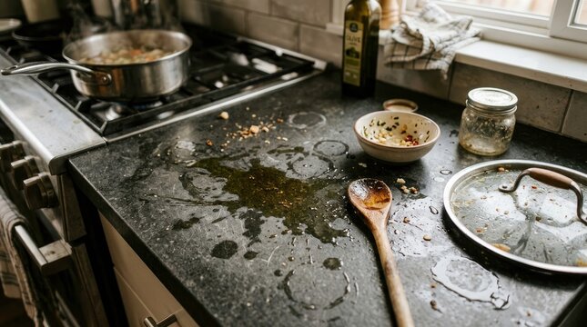 Messy Kitchen Counter with Spilled Ingredients and Cooking Utensils