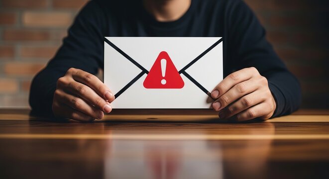Person holding an envelope with a red warning symbol on front