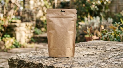 Naklejka premium Eco-Friendly Brown Paper Bag on a Stone Surface in Nature