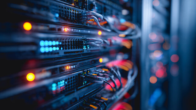 A close-up of a server rack filled with high-performance hardware components, with ports,cables,fiber optics, and flashing LED lights clearly visible, with subtle imperfections in the metal texture.
