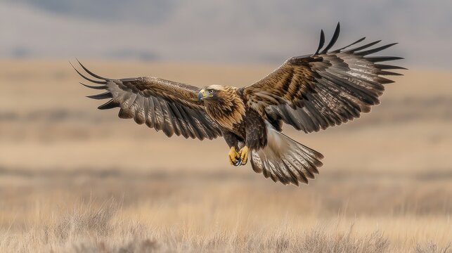 Golden Eagle in midair swoop with brown and golden feathers