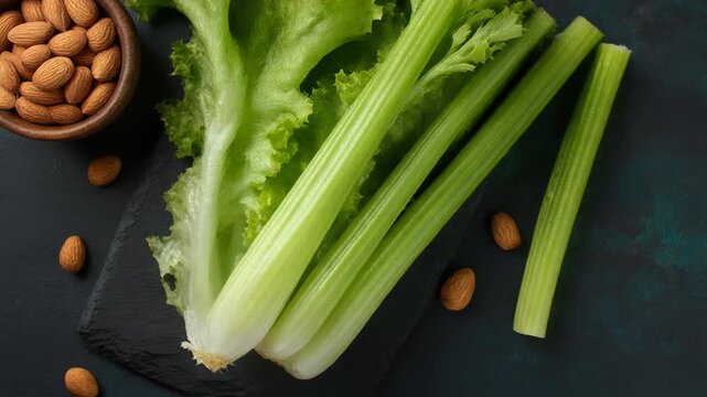 Fresh celery stalks with almonds on black slate plate healthy eating concept