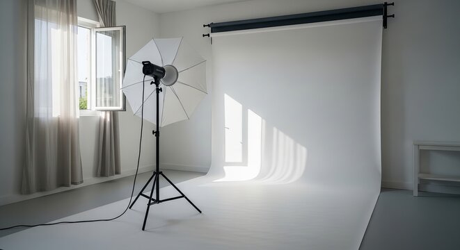 Professional home photography studio setup with softbox lighting and seamless backdrop