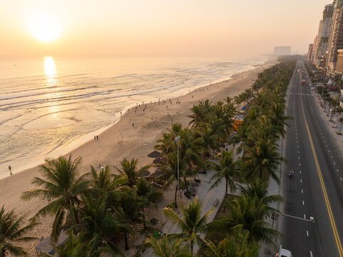 Da Nang coastal city at morning, cityscape with a long Beach, Crowded urban Coastline. Sea vacation, traveliving Vietnam