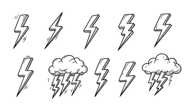 Lightning bolt doodle icons thunder hand drawn vector set