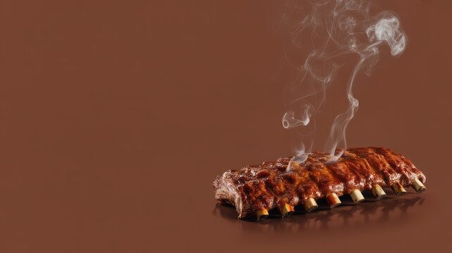 Rack of glazed barbecue pork ribs with rising wisps of white smoke on a solid brown background