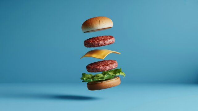Floating burger ingredients with bun beef patties cheese and lettuce on a blue background