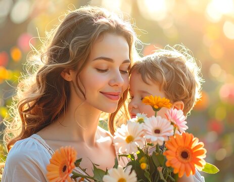 A tender moment of a woman and a child with flowers