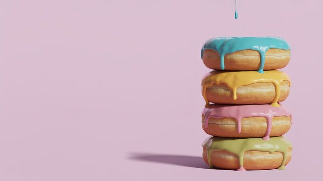 Stack of four donuts with dripping blue yellow pink and green glaze on a light pink background