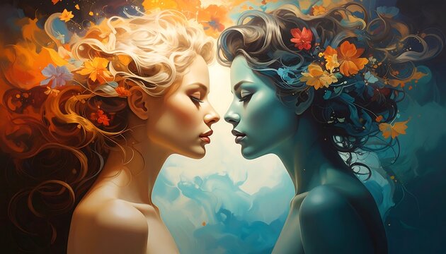 A surreal illustration of two women's faces