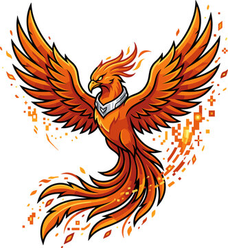 Pixel art phoenix rising from flames, fiery bird with outstretched wings, mythical creature, rebirth symbol