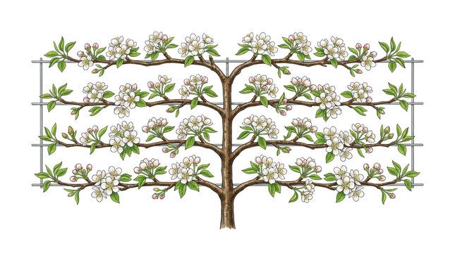Espalier pear tree blossoms