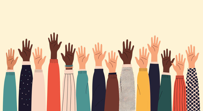 Diverse group of people's hands with various skin tones raised in the air together against a light beige background.