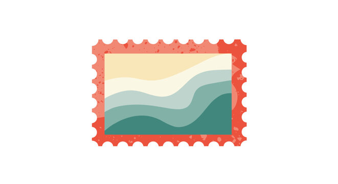 Distressed postage stamp icon featuring a red serrated border and an abstract green and beige wavy landscape design.