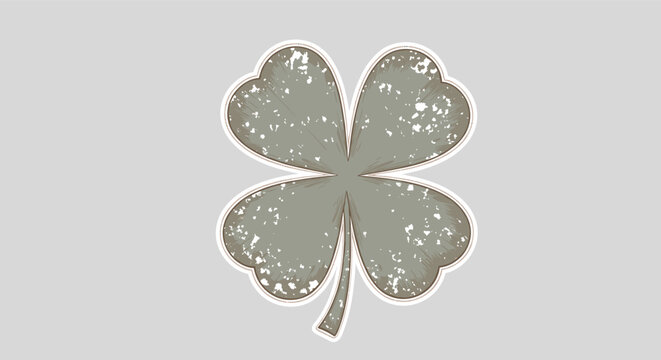 Distressed vintage four leaf clover lucky symbol with a weathered texture and white border against a light gray backdrop.