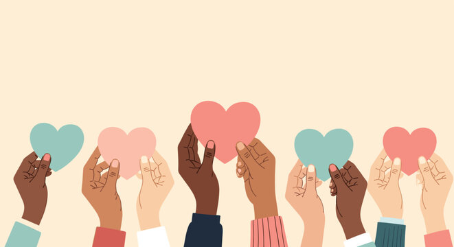 Diverse group of hands with various skin tones holding up heart shapes to represent love, kindness, and unity.