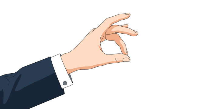 Close up of a hand wearing a professional suit sleeve making a snapping or clicking finger gesture on white.