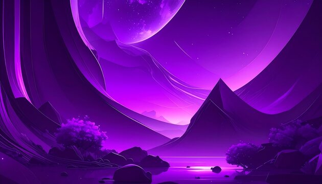A surreal purple landscape with mountains, a glowing orb, and abstract shapes