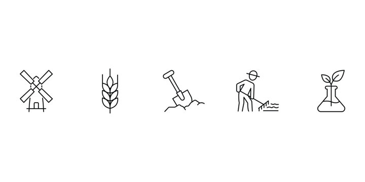 Agriculture and farming industry icon set featuring windmill, wheat ear, shovel, farmer working with rake, and biotechnology plant sprout.