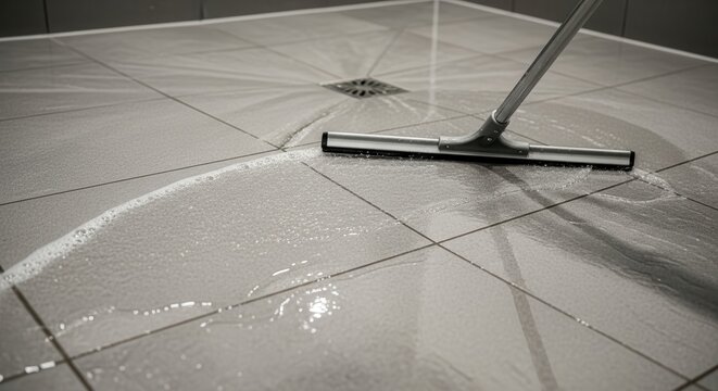 Professional floor cleaning with squeegee mop on wet tiled surface in modern interior